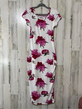 TMG Bodycon Sexy Slim Fit White Maxi Dress with Pink Floral